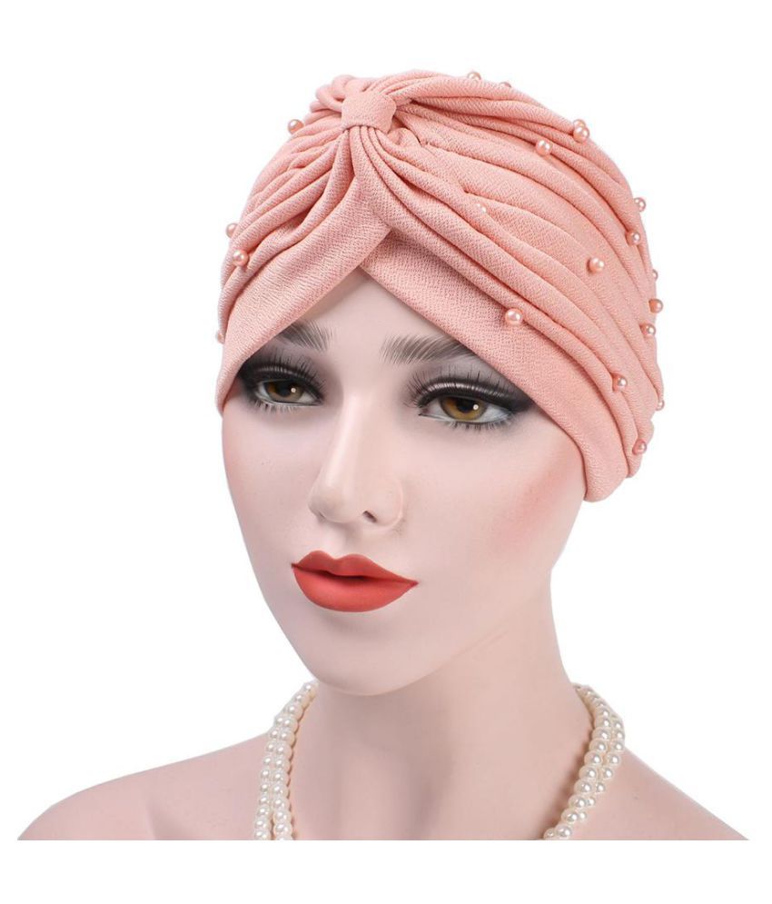 Women Turban Hat Faux Pearl Pleated Muslim Hijab Stretch Cap Chemo Head ...