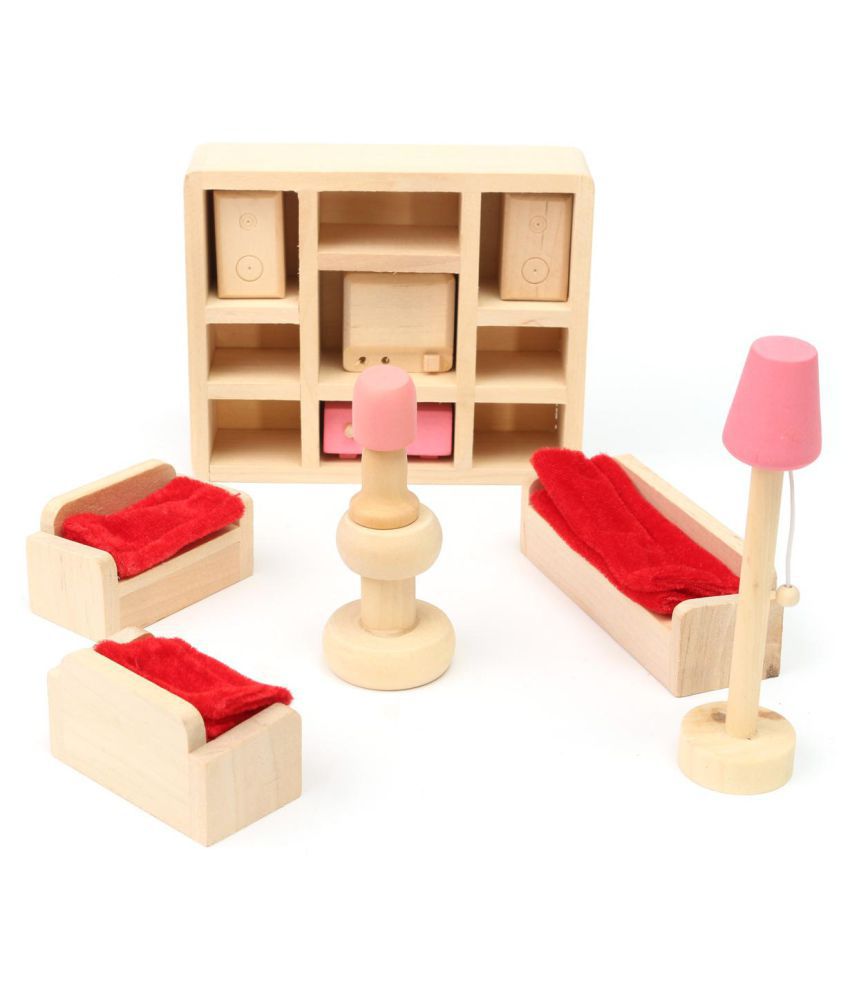 Wooden Furniture 6 Room Set Dolls House Family Miniature For Kids Children Toy