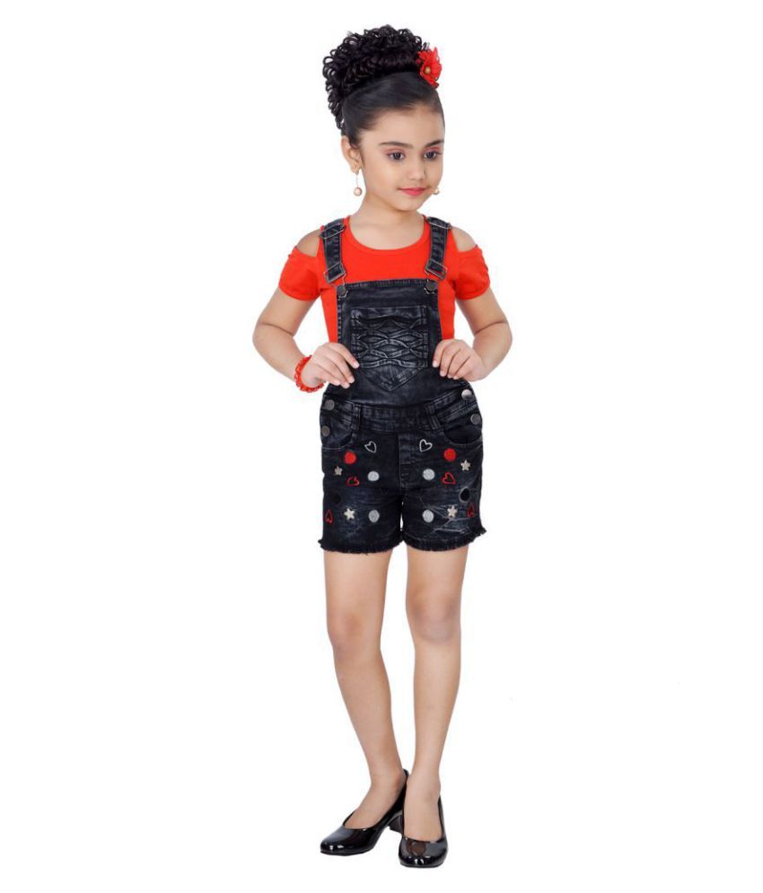 Pink Ribbons Red Top and Black Denim Dungaree Shorts for Girls - Buy ...