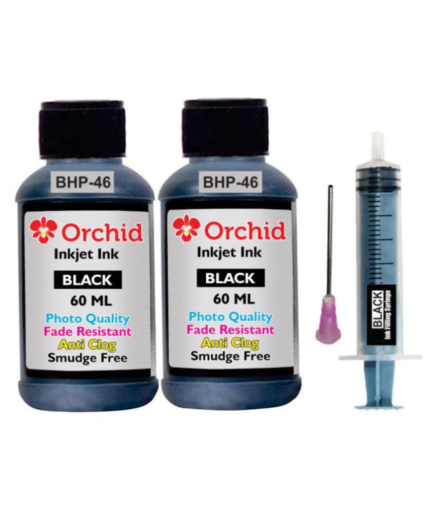 Orchid Black Two bottles Refill Kit for HP 46 black ink cartridge (Photo quality smudge free ink 120ml , ink filling tools)