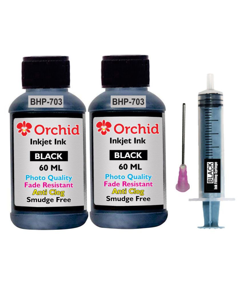 Orchid Black Two bottles Refill Kit for HP 703 black ink cartridge (Photo quality smudge free ink 120ml , ink filling tools)