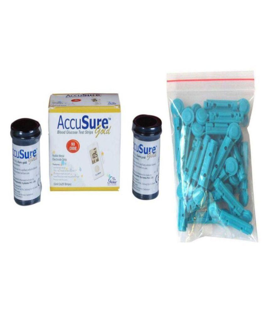     			Accusure Gold 50 Glucometer Strips only & 100 Round Lancets Expiry March 2024