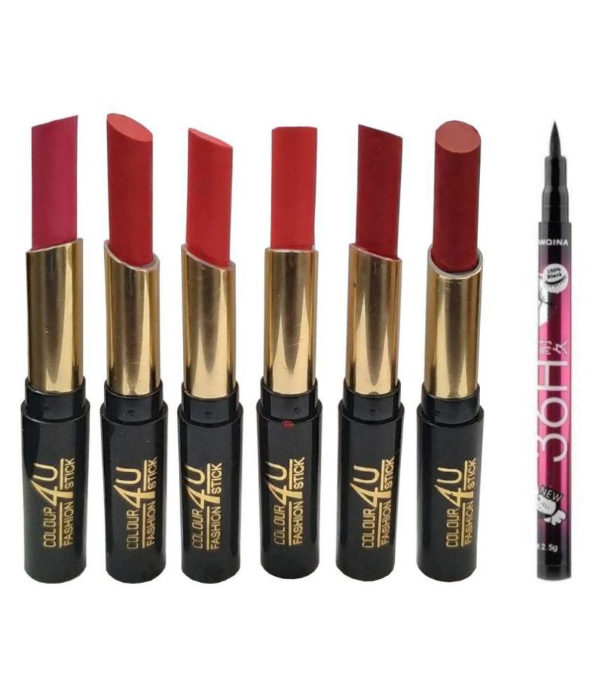 COLOUR 4 U Creme Lipstick set of 6 with 36 Hr Eyeliner 20 gm Pack of 7