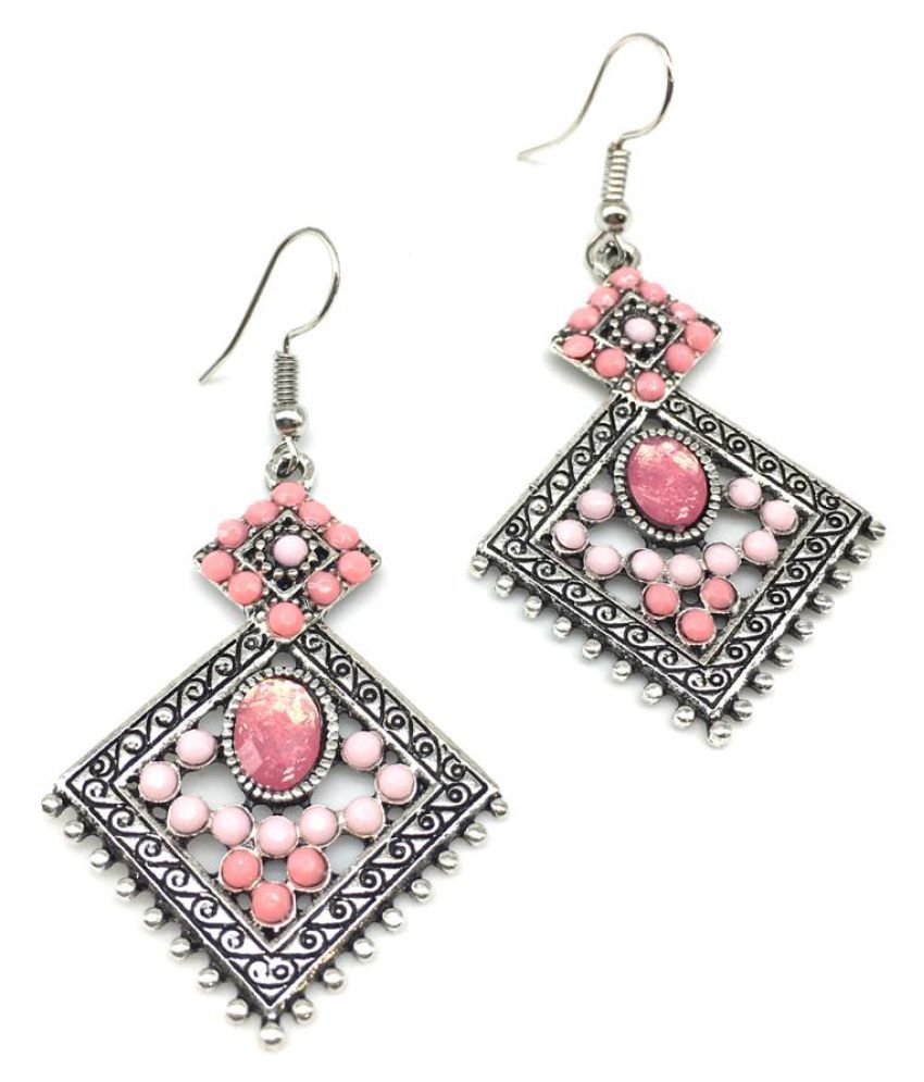     			Digital Dress Women's Oxidized Earrings Indian Traditional Handcrafted Light Weight Pink Beads Work Dangle Drop Design Silver-Plated Hook Earring for Women & Girls Fashion Imitation Jewellery