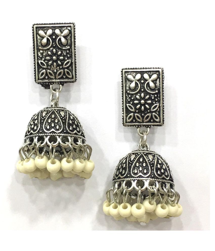     			Digital Dress Women's Oxidized Earrings Indian Traditional Handcrafted Light Weight White Beads Design Silver-Plated Jhumki Earring for Women & Girls Fashion Imitation Jewellery