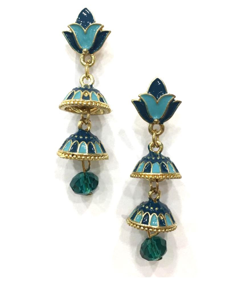     			Digital Dress Women's Oxidized Earrings Indian Traditional Handcrafted Light Weight Blue Enamel Work Design Gold-Plated Double Jhumki Floral Earring for Women & Girls Fashion Imitation Jewellery