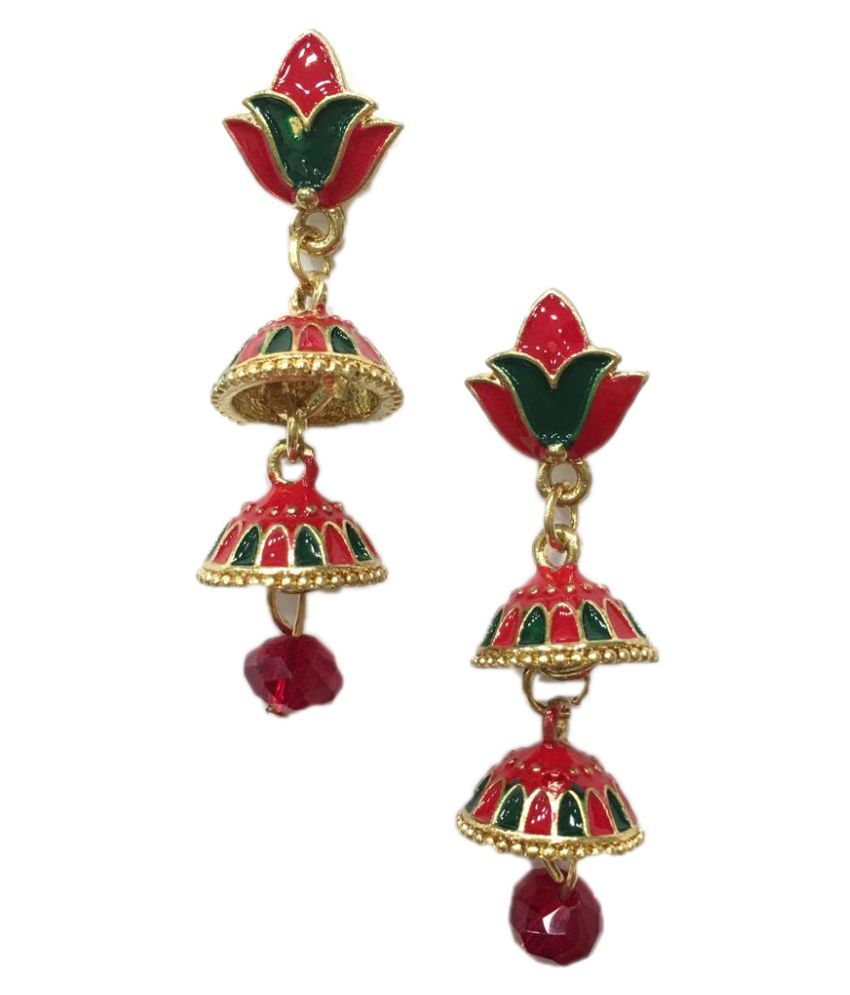     			Digital Dress Women's Oxidized Earrings Indian Traditional Handcrafted Light Weight Red and Green Enamel Work Gold-Plated Double Jhumki Floral Earring for Women & Girls Fashion Imitation Jewellery