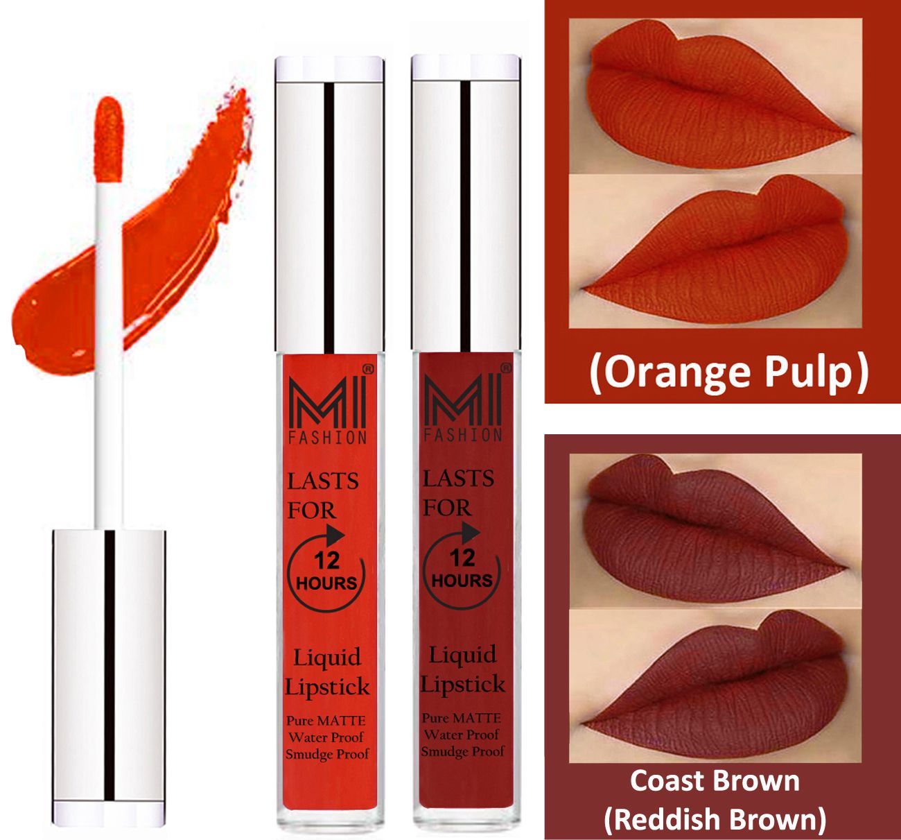     			MI FASHION Liquid Lipstick Orange Pulp,Coast Brown 3 ml Pack of 2