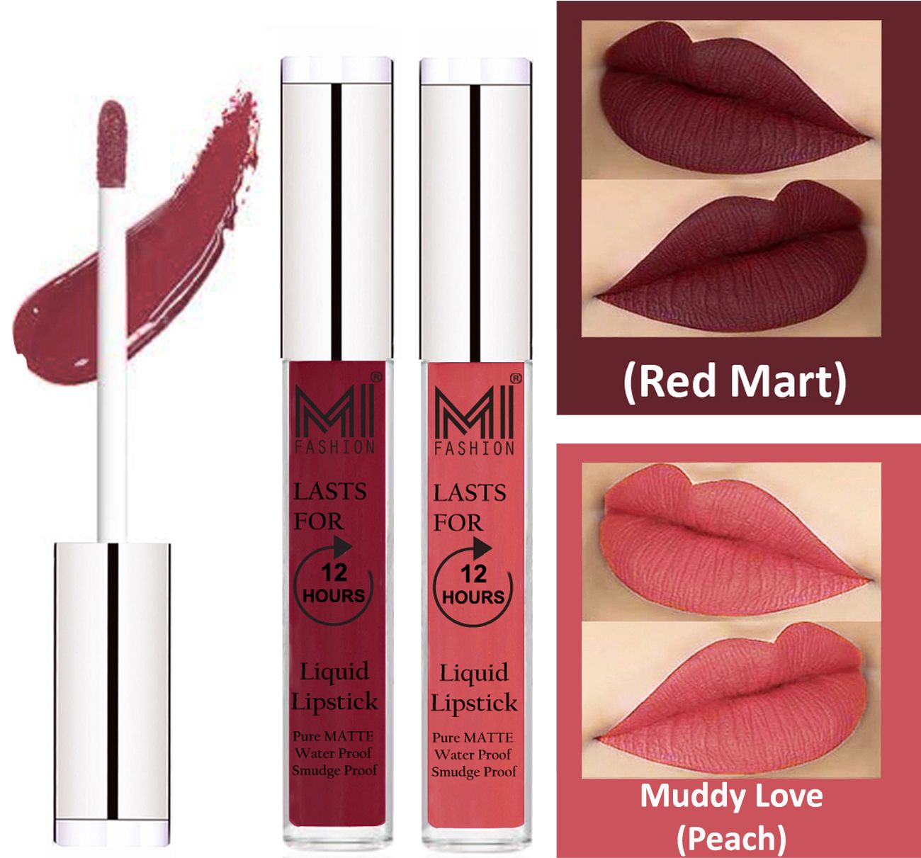     			MI FASHION Liquid Lipstick Red Mart,Peach 3 ml Pack of 2