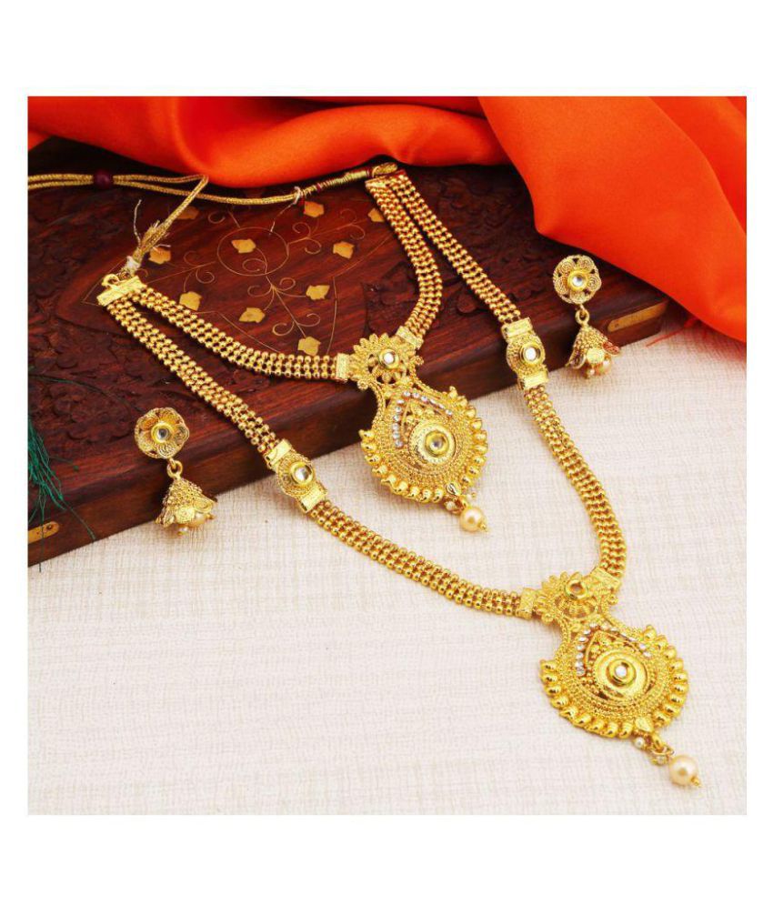     			Sukkhi Alloy Golden Long Haram Traditional 18kt Gold Plated Necklaces Set