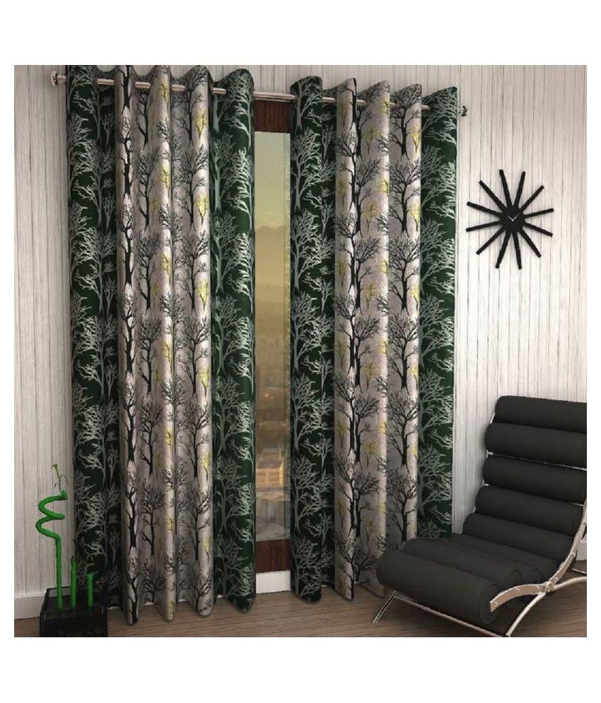     			Phyto Home Floral Semi-Transparent Eyelet Door Curtain 7 ft Pack of 4 -Green