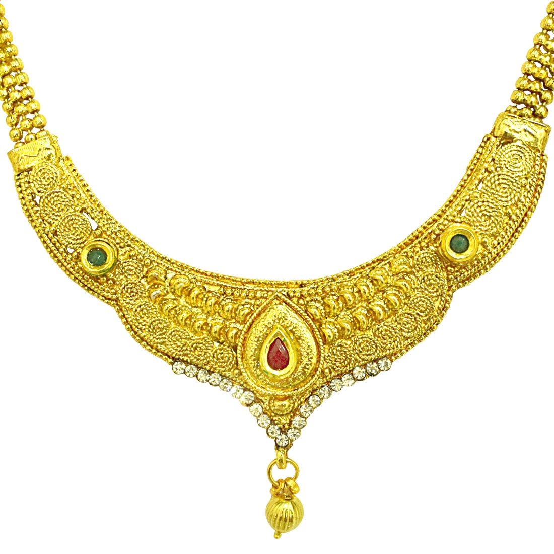 Surat Diamonds Temple Designed Colored Stone and Gold Plated Necklace
