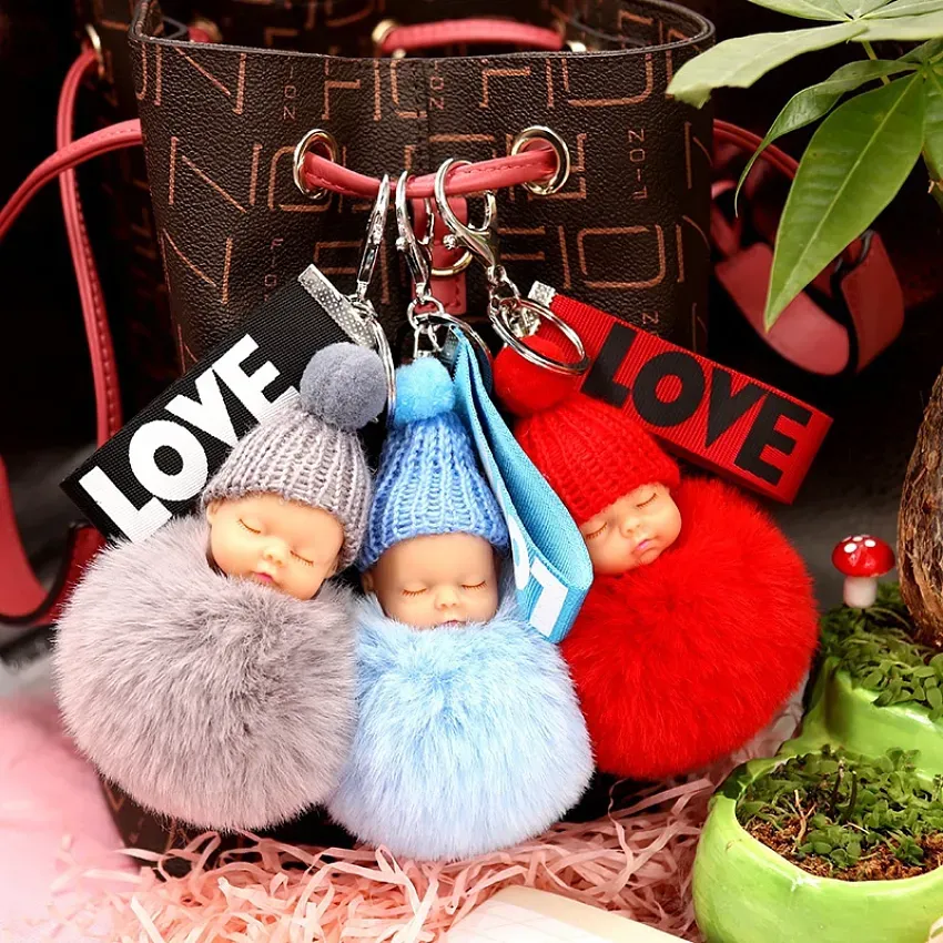 LOVE Webbing Cute Sleeping Baby Doll Keychain Pom Pom Rabbit Fur