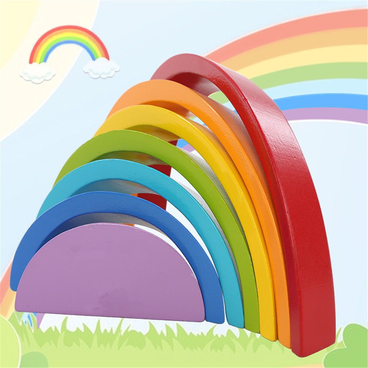 Toys Games Wooden Pre School Toys Educational Toy 7 Colors Wooden Stacking Rainbow Shape Child Kids Christmas Gift