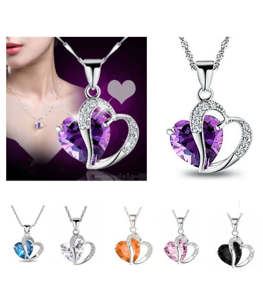 Women 925 Sterling Silver Necklace Chain Amethyst Crystal Heart Purple Pendant