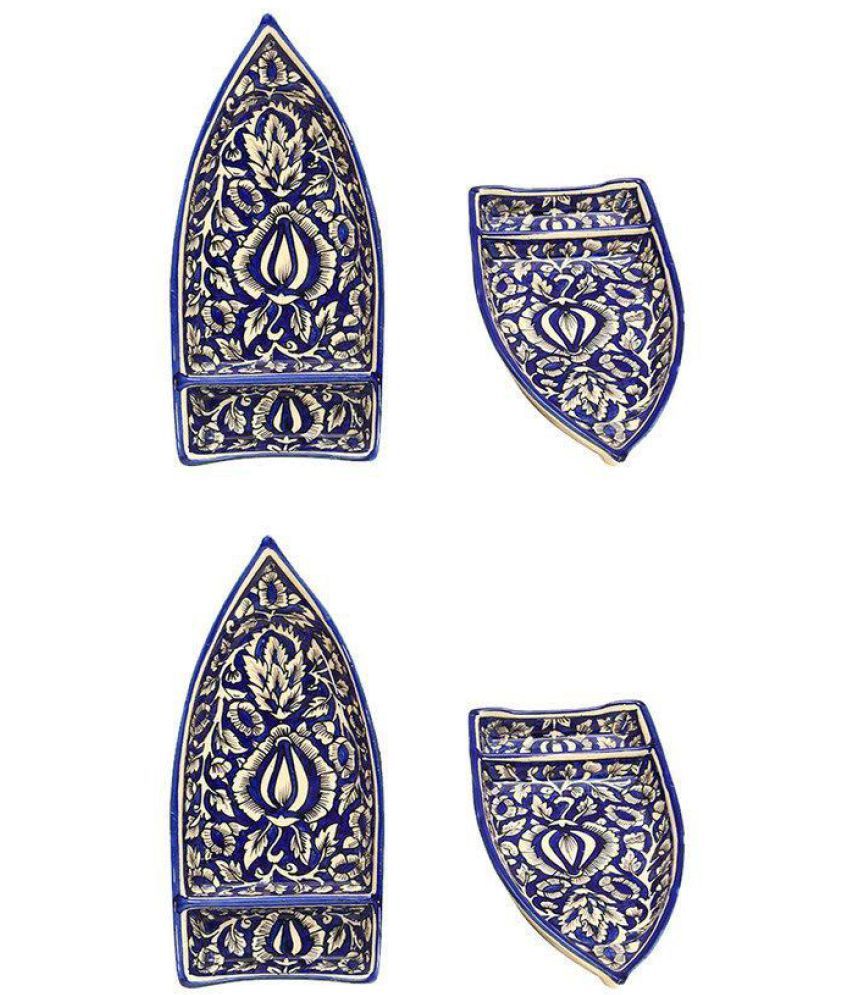 Snack Boat Platter 11 Inch Ceramic/Stoneware in Blue Mughal Handmade By Caffeine-Set of 4