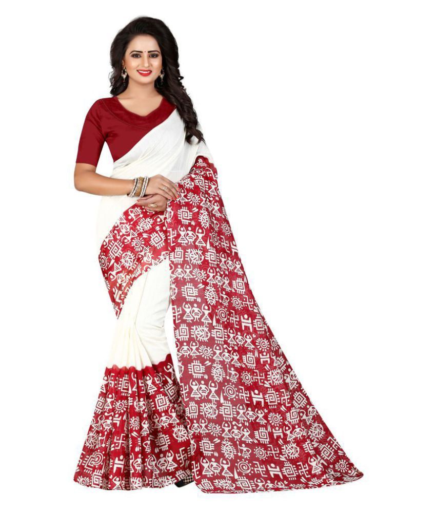 HashTag Fashion White and Red Cotton Silk Saree Buy HashTag Fashion