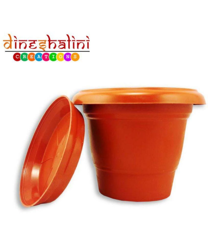 Dineshalini Creations Terracotta Pots with Spill Tray Set of 1 Indoor