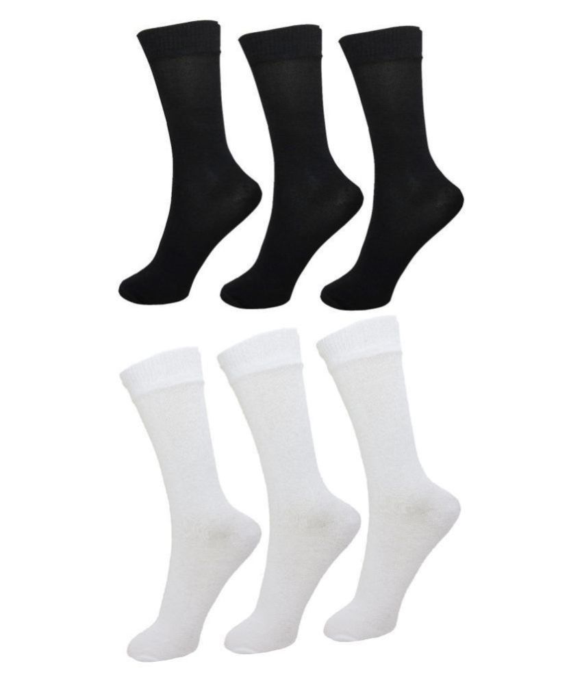     			Neska Moda 6 Pairs Boys & Girls Plain Black & White Free Size Cotton Mid Calf Length School Uniform Socks - Age 10 - 18 Years