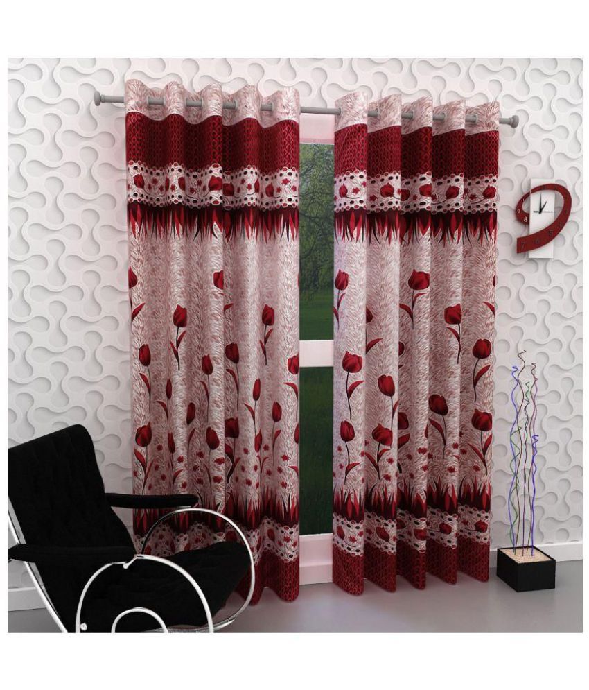     			Phyto Home Printed Semi-Transparent Eyelet Door Curtain 7 ft Pack of 2 -Maroon
