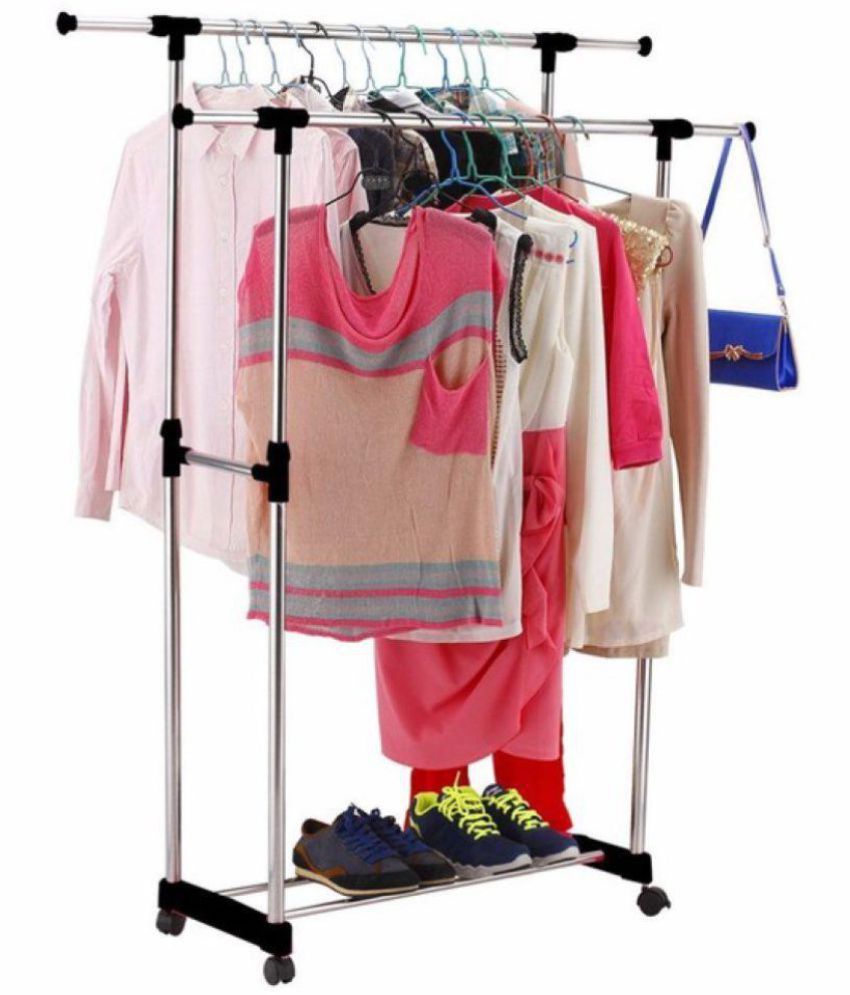 DOUBLE POLE CLOTH RACK STAND DRYING RACK WITH WHEEL Buy