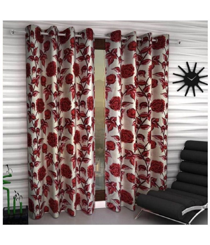     			Phyto Home Floral Semi-Transparent Eyelet Long Door Curtain 9 ft Pack of 4 -Red