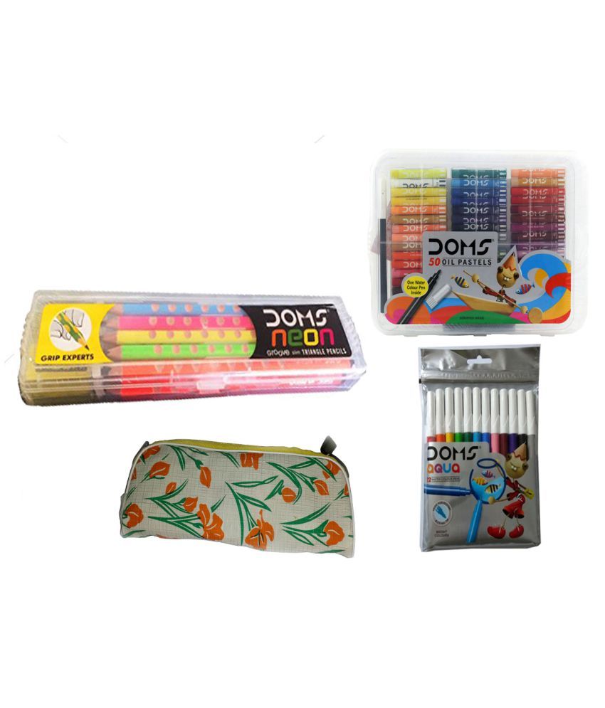 DOMS OIL PASTEL ( 50 SHADE ) + DOMS 12 WATER COLOUR PENS + DOMS NEON GROOVE SLIM TRIANGLE PENCIL