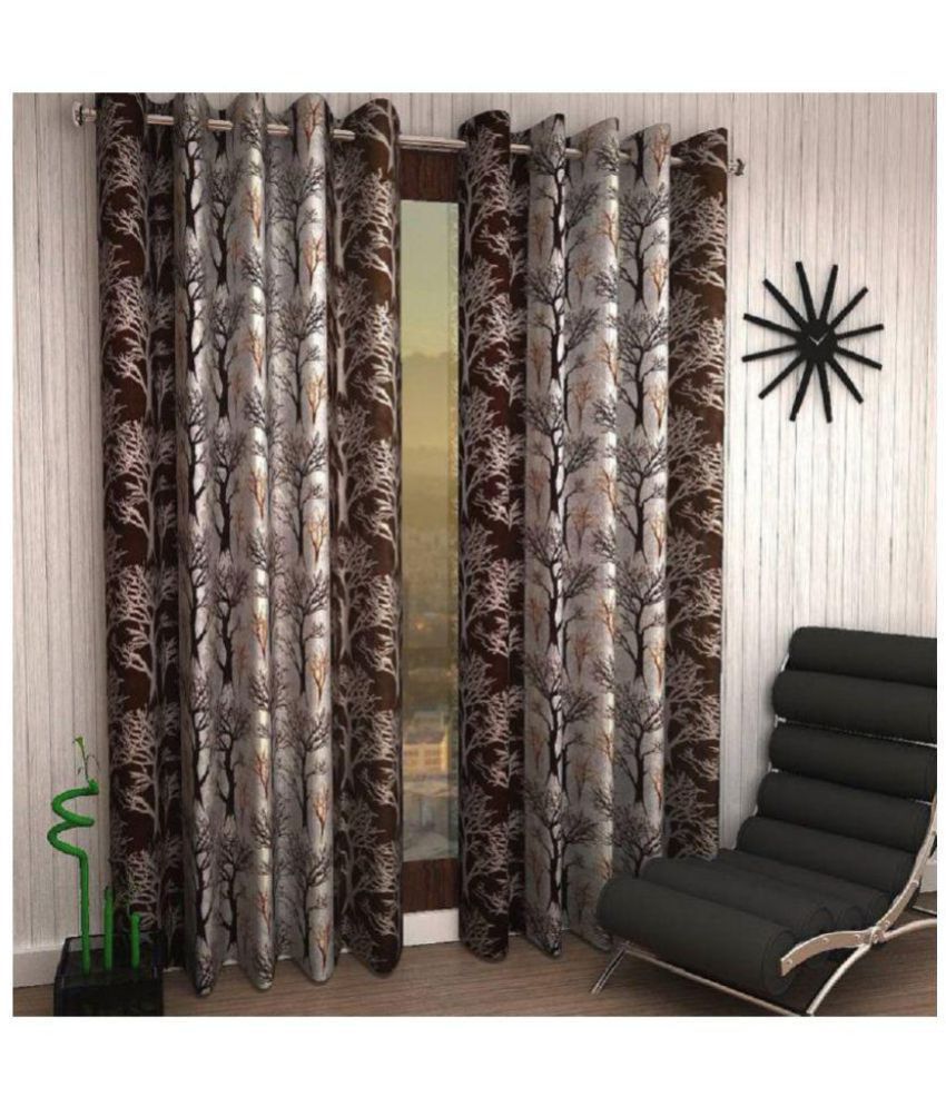     			Phyto Home Printed Semi-Transparent Eyelet Door Curtain 7 ft Pack of 2 -Brown