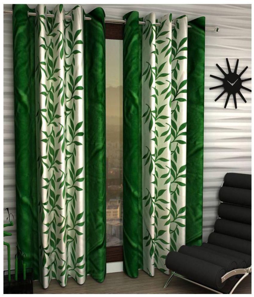     			Phyto Home Floral Semi-Transparent Eyelet Long Door Curtain 9 ft Pack of 2 -Green