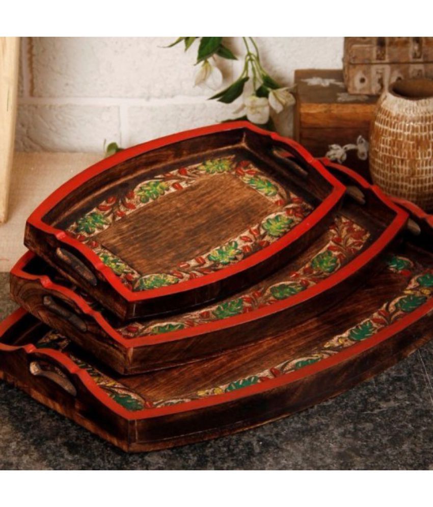 Decorative Designer Wooden Madhubani Painting Trays for Serving Snacks