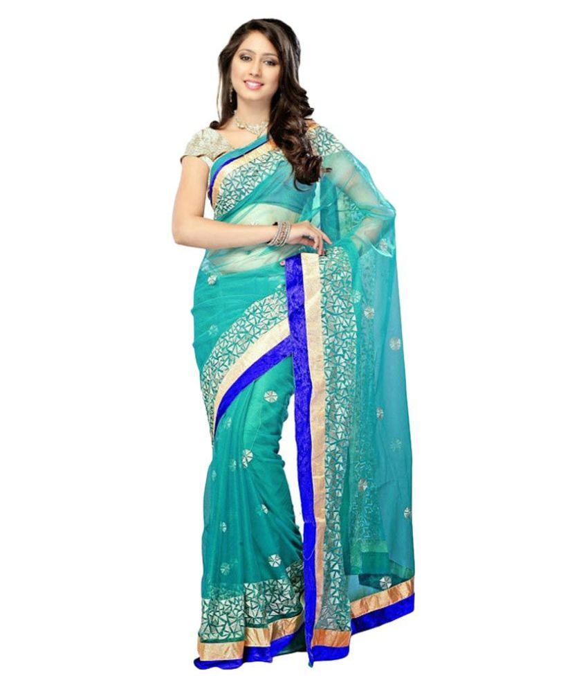     			AV FASHION Green and Blue Net Saree