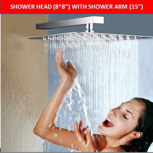     			LOGGER - 8X8 inches Ultra slim Shower Head with 15 inches square shower arm Water