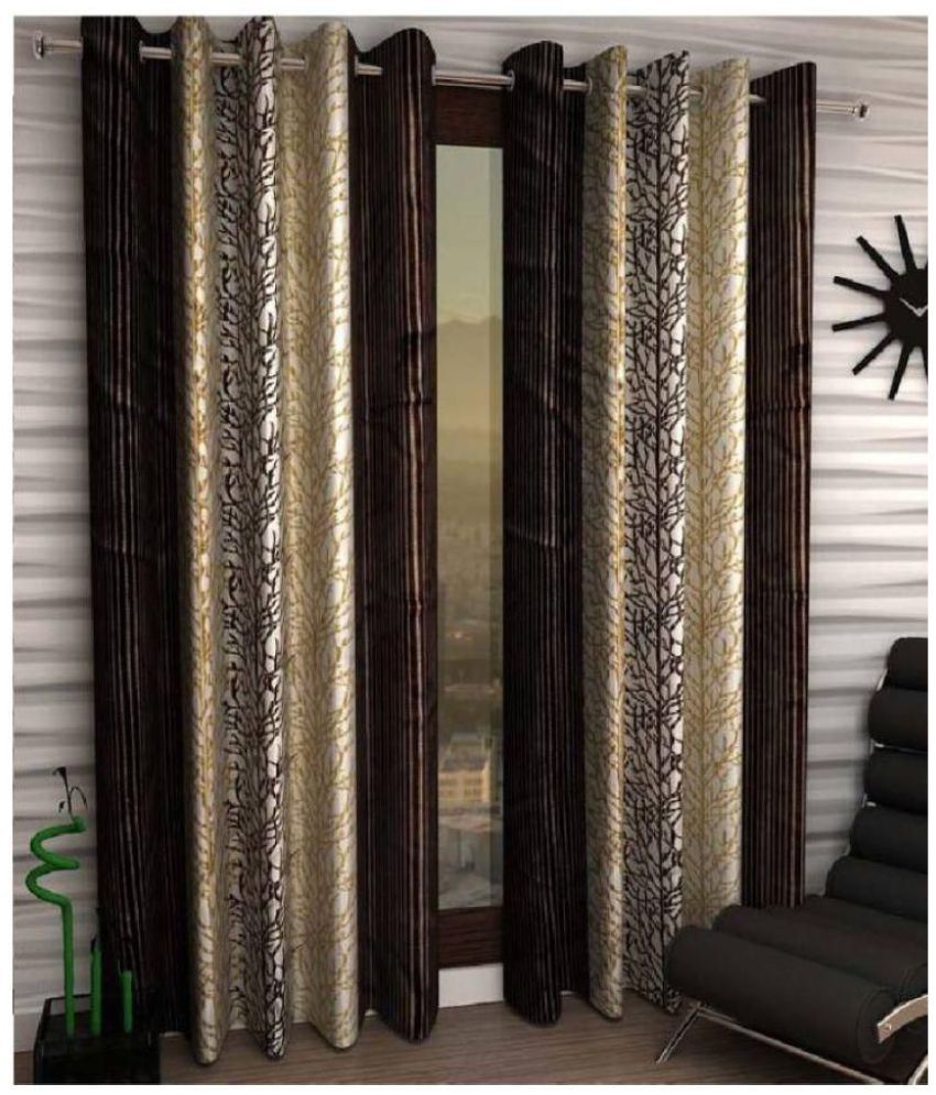     			Phyto Home Floral Semi-Transparent Eyelet Door Curtain 7 ft Pack of 2 -Brown