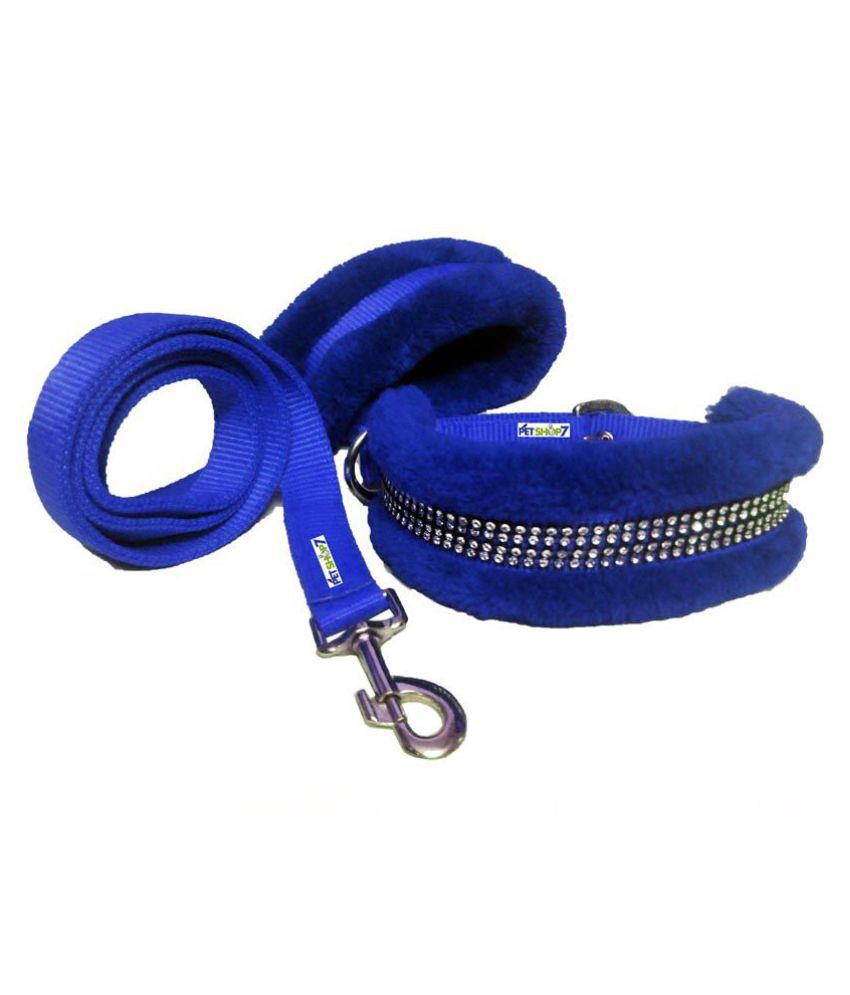     			Petshop7 Nylon Blue Medium Dog Collar & Leash with Fur 1 Inch