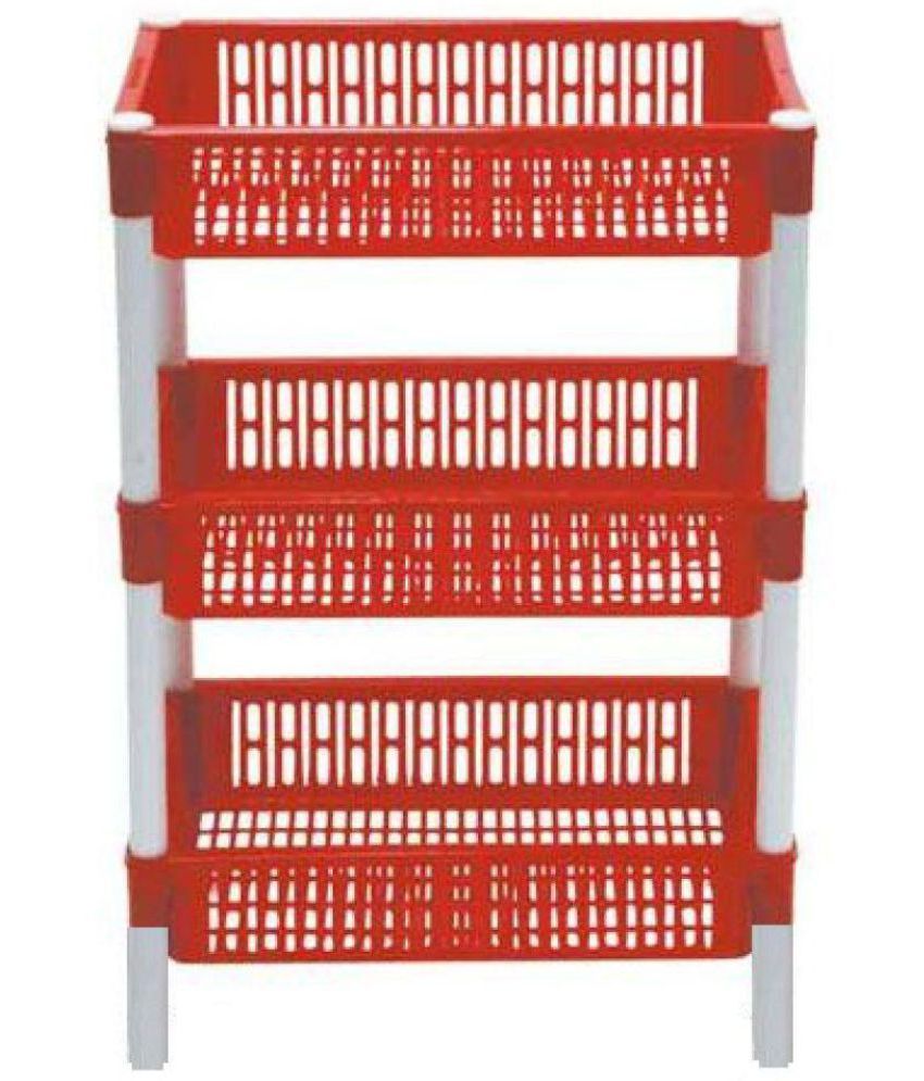 Wudkraft Plastic Square Fruit & Vegetable Stand / Trolley 3 Tier (Red