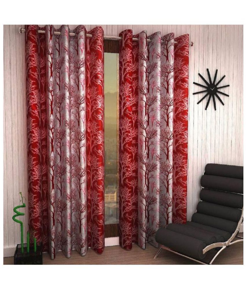     			Phyto Home Floral Semi-Transparent Eyelet Door Curtain 7 ft Pack of 2 -Maroon