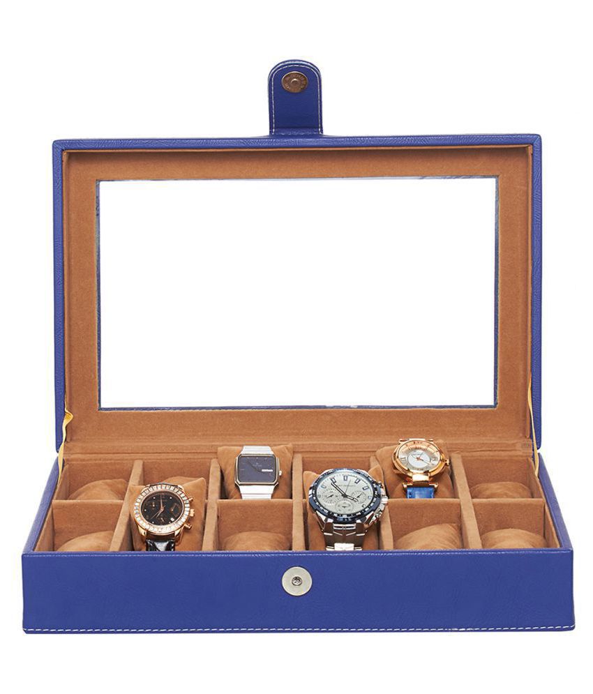     			Leather World 12 Compartments 5.5 Liter Blue PU Leather Designer Watch Box Case with Clasp Closure Travel Bag