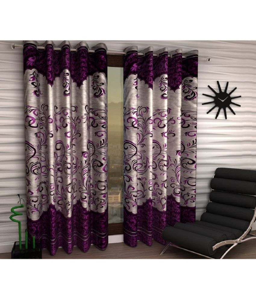     			Phyto Home Floral Semi-Transparent Eyelet Long Door Curtain 9 ft Pack of 4 -Purple
