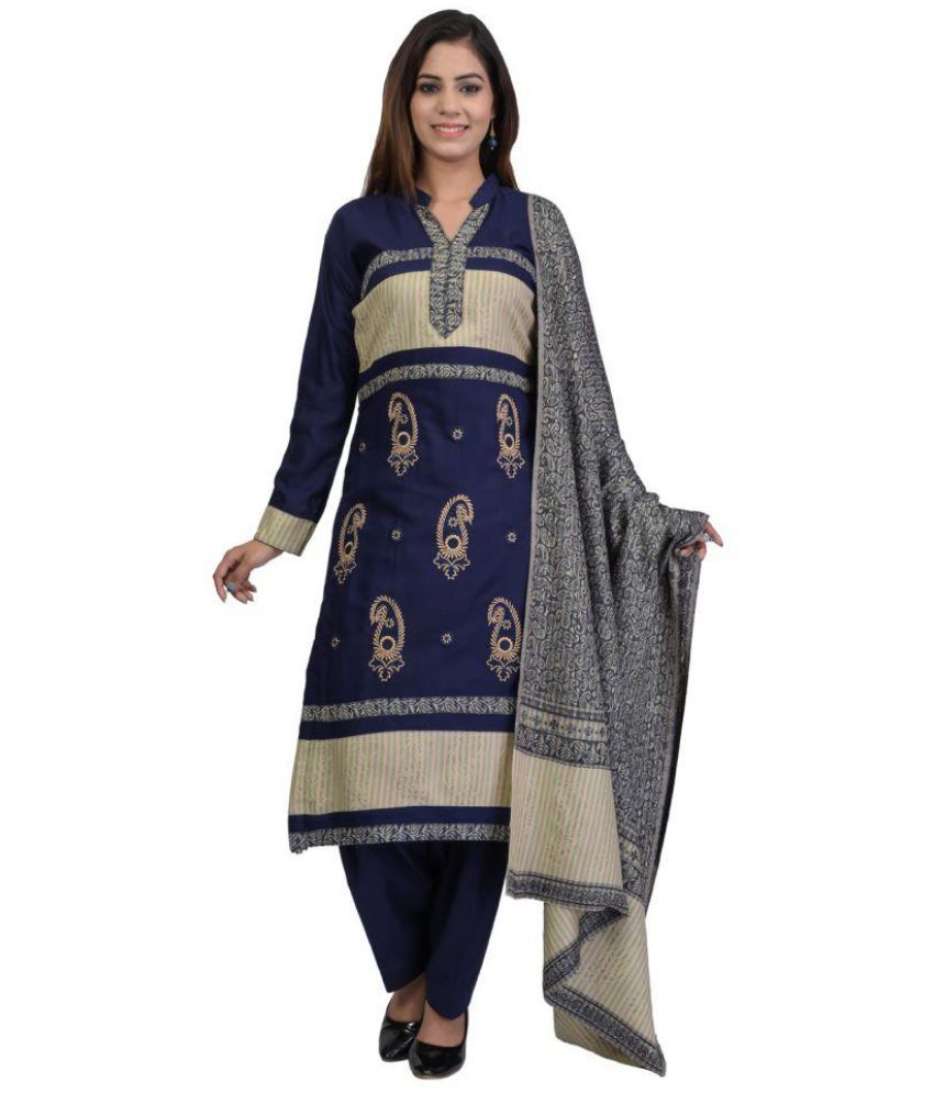INDO ESSENCE Blue and Grey Woollen Straight SemiStitched Suit Buy