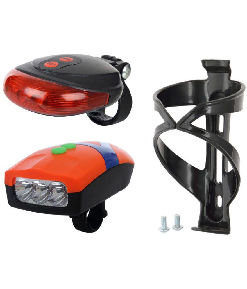 Dark Horse Bicycle 3 LED 3 Mode Front Light & Horn & 2 Laser Beam Tail Light with Black Bottle Cage Combo Cycle Light