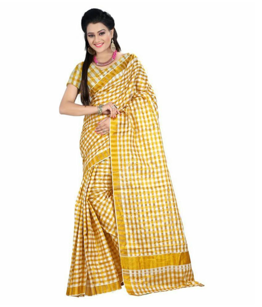     			RSV FABRICS Yellow and Beige Kerela Cotton Saree