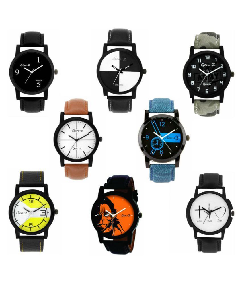 GenZ Trendy Graphic Leather Strap Combo of 8 watches Leather Analog