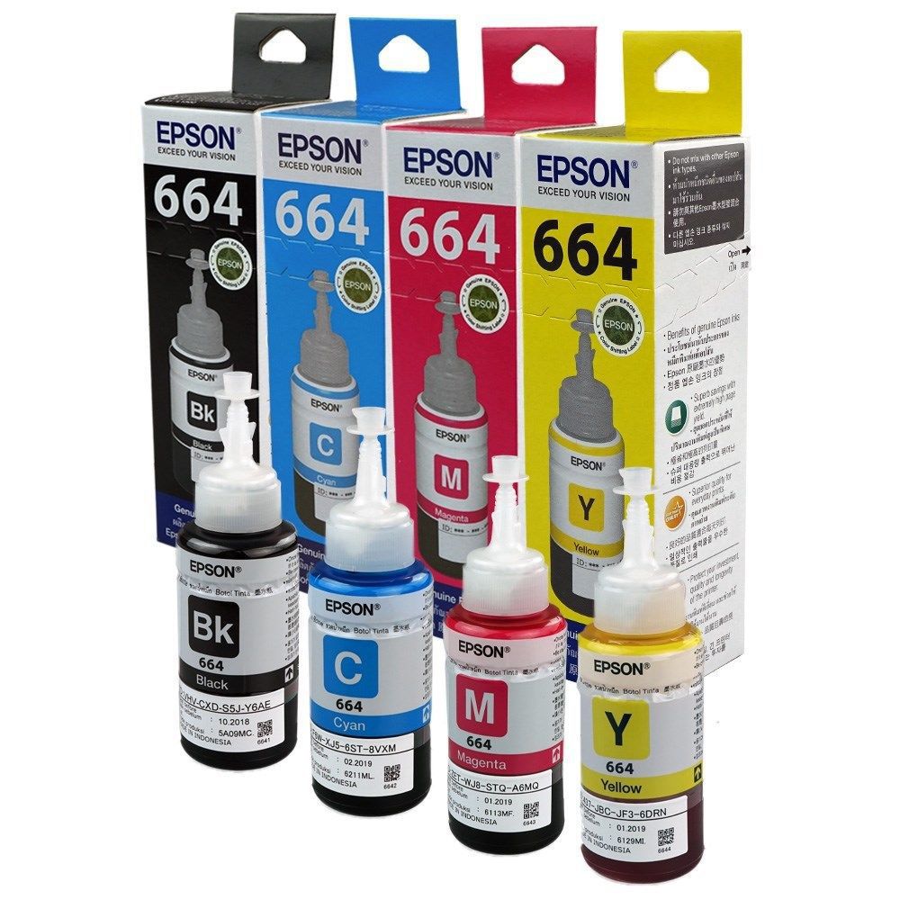     			Epson Ink bottle set of 4 (T6641-B,T6642-C,T6643-M,T6644-Y) 70 Ml Each For L100/L110/L200/L210/L300/L310/L350/L355/L550/L380