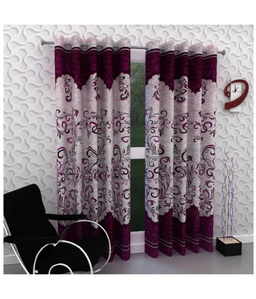     			Panipat Textile Hub Floral Semi-Transparent Eyelet Door Curtain 7 ft Pack of 4 -Purple