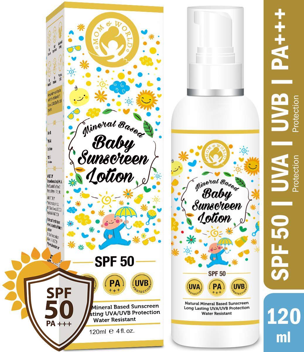 Mom & World Mineral Based Baby Sunscreen Lotion, SPF 50 PA+++, 120ml - UVA/UVB Protection, Water Resistance
