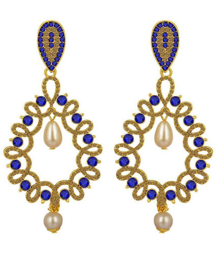     			Spargz Antique Gold Plated Blue AD Stone with Pearl Big Long Indian Style Dangle & Chandelier Earrings For Women AIER 1350