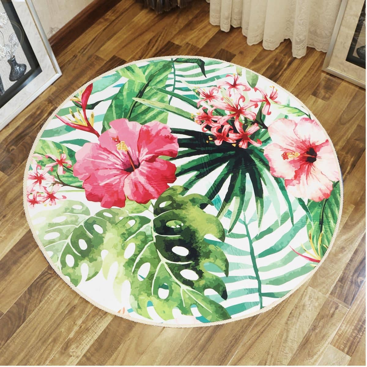 Tropical Palm Leaves Floral Cactus Round Area Rug - Non-Slip Flannel Carpet For Living Room, Bedroom (Multiple Sizes)
