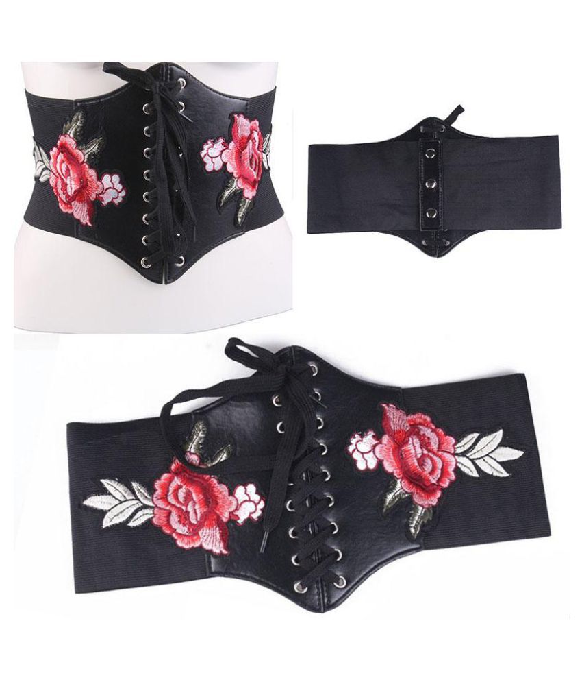 Womens Fashion Lace Up Elastic Stretch Corset Rose Floral Waist Belt 