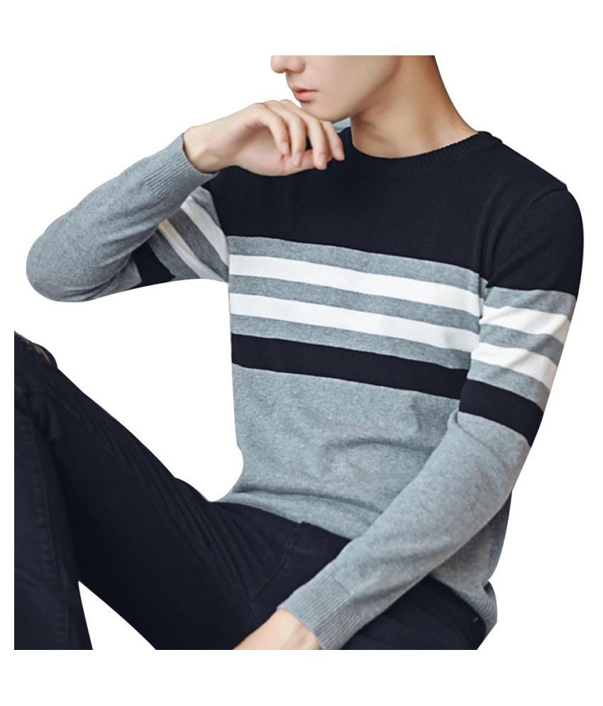 Generic Mens Fashion Slim Fit Pullover Striped Long Sleeve Crewneck Knit Sweater 