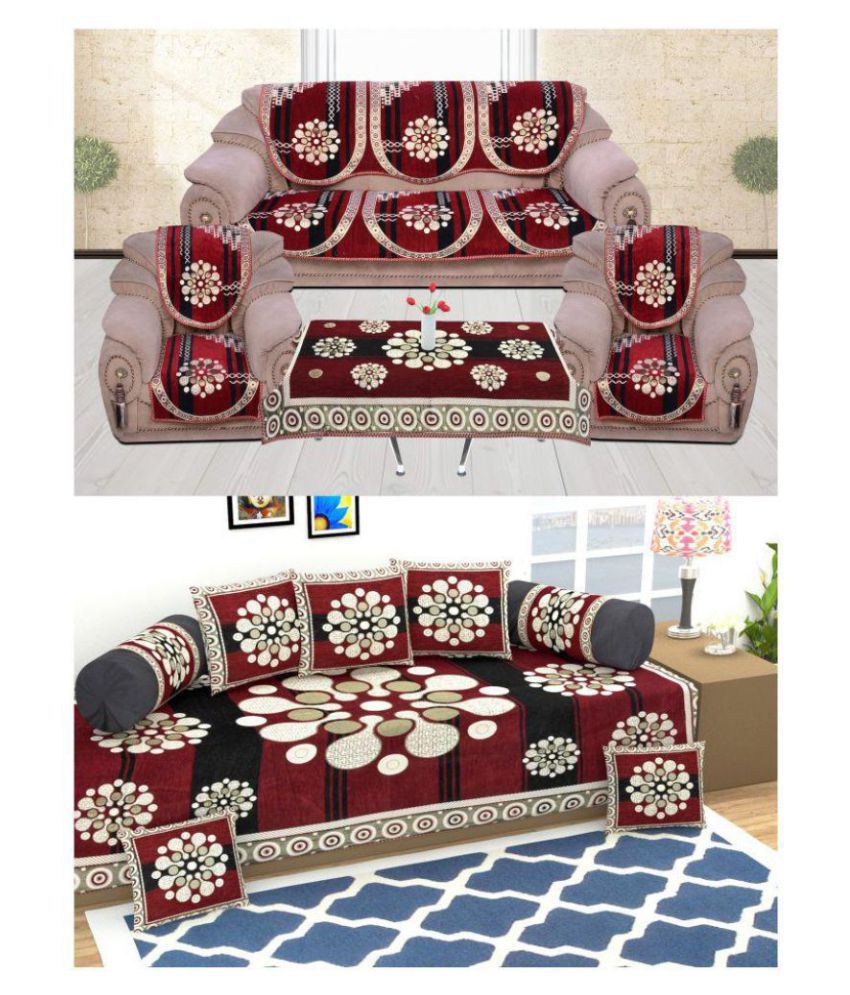     			Laying Style Chenille Multi Floral Diwan Set 8 Pcs